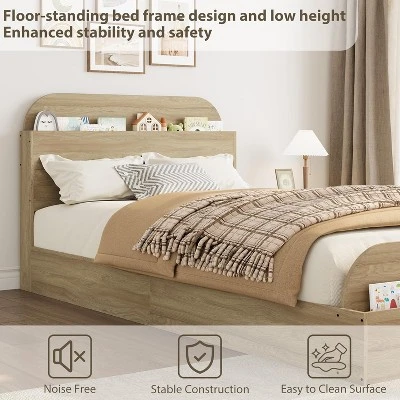 Twin Size Wood Bed Frame With Storage Headboard And Raised-Foodboard For Kid, Twin-Floor Low Platform Bed For Bedroom, No Box Spring Needed 5 Twin Size Wood Bed Frame With Storage Headboard And Raised-Foodboard For Kid, Twin-Floor Low Platform Bed For Bedroom, No Box Spring Needed - Image 5
