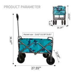 Garvee 110LBS Foldable Wagon Cart With Wheels, Collapsible Beach Cart With 90° Angel Free Adjustable Handles For Shopping Camping Gardening