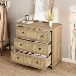 Rattan 3 Dresser For Bedroom, 29" Boho Tall Drawer Dresser With Storage, Wooden Closet Dressers Chest Of Drawers Freestanding For Home, Natural