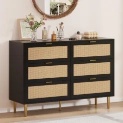 Rattan 6 Drawer Dresser, Wide Double Dresser With Gold Handles & Legs, Modern Chest With Large Storage For Bedroom Or Living Room 14 Rattan 6 Drawer Dresser, Wide Double Dresser With Gold Handles & Legs, Modern Chest With Large Storage For Bedroom Or Living Room -Garvee Sales GUEST 66802134 db83 47d5 9d37 a96f7f64626c