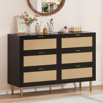 Rattan 6 Drawer Dresser, Wide Double Dresser With Gold Handles & Legs, Modern Chest With Large Storage For Bedroom Or Living Room 6 Rattan 6 Drawer Dresser, Wide Double Dresser With Gold Handles & Legs, Modern Chest With Large Storage For Bedroom Or Living Room - Image 6