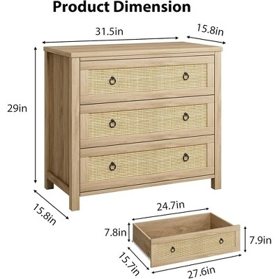 Rattan 3 Dresser For Bedroom, 29" Boho Tall Drawer Dresser With Storage, Wooden Closet Dressers Chest Of Drawers Freestanding For Home, Natural 3 Rattan 3 Dresser For Bedroom, 29" Boho Tall Drawer Dresser With Storage, Wooden Closet Dressers Chest Of Drawers Freestanding For Home, Natural - Image 3