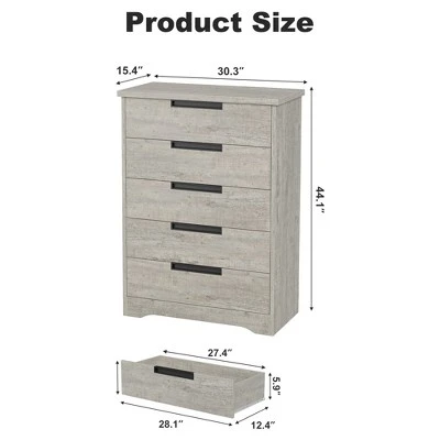 5 Drawer Dresser For Bedroom, Dresser Chest Of Drawers With Embedded Handles Design, Wooden Dresser Organizer For Living Room, Nursery, Hallway 6 5 Drawer Dresser For Bedroom, Dresser Chest Of Drawers With Embedded Handles Design, Wooden Dresser Organizer For Living Room, Nursery, Hallway - Image 6