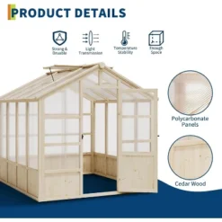 Wooden Greenhouse,Greenhouses For Outdoors With Lockable Door, Wood Frame & Adjustable Vent,Heavy Duty Greenhouse With Polycarbonate Panel,8x8ft