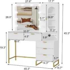 Wavy Stripes Vanity Desk With Mirror & Power Outlet, Makeup Dressing Table With 5 Drawers For Bedroom