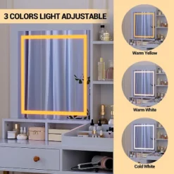 Makeup Vanity Desk With 3 Color Led Light, Makeup Vanity With Large Mirror And Power Outlet, Dressing Table With 2 Drawers White 55.9"H 9 Makeup Vanity Desk With 3 Color Led Light, Makeup Vanity With Large Mirror And Power Outlet, Dressing Table With 2 Drawers White 55.9"H -Garvee Sales GUEST 684258ec cbee 4db9 9127 ae42304804fd