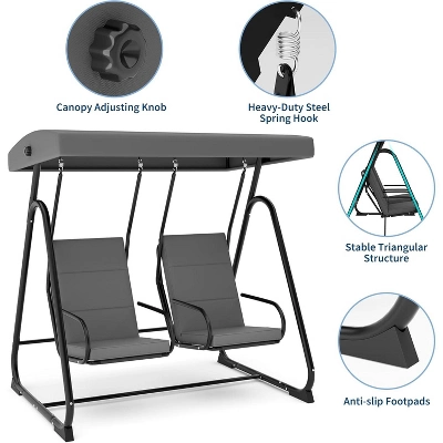 2-Person Outdoor Patio Swing Chair – Adjustable Canopy, Removable Cushions & Heavy-Duty Steel Frame (Dark Grey) 3 2-Person Outdoor Patio Swing Chair – Adjustable Canopy, Removable Cushions & Heavy-Duty Steel Frame (Dark Grey) - Image 3
