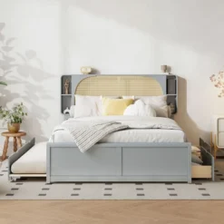 Queen Size Bed Frame With Trundle, Wood Platform Bed With Rattan Headboard & 2 Drawers, Wooden Slats Support, No Box Spring Required