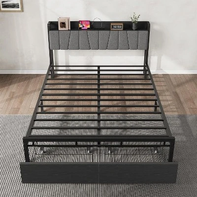 Bed Frame With Storage Headboard, Industrial Platform Bed With 2 Large Drawers And Charging Station, Black No Box Spring Needed Bed Frame 2 Bed Frame With Storage Headboard, Industrial Platform Bed With 2 Large Drawers And Charging Station, Black No Box Spring Needed Bed Frame - Image 2
