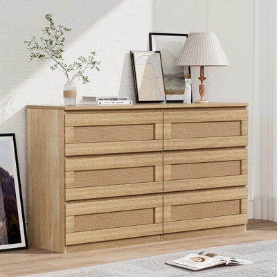 Dresser For Bedroom, Rattan 6/8 Drawer Dresser For Closet, Double Wood Dressers & Chest Of Drawers, For Bedroom/Living Room/Entryway, Natural 5 Dresser For Bedroom, Rattan 6/8 Drawer Dresser For Closet, Double Wood Dressers & Chest Of Drawers, For Bedroom/Living Room/Entryway, Natural - Image 5