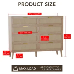 8-Drawers Rattan Dresser For Bedroom, 47 Inch Modern Chest Of Drawers With Metal Handle, Wooden Dresser TV Stand