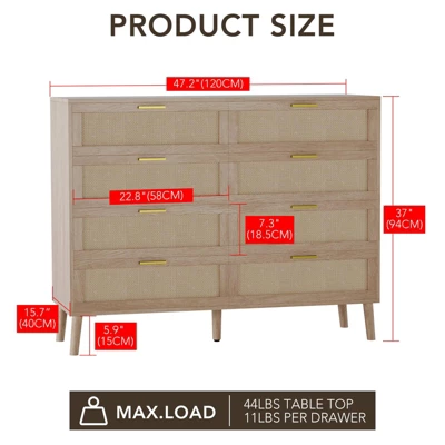 8-Drawers Rattan Dresser For Bedroom, 47 Inch Modern Chest Of Drawers With Metal Handle, Wooden Dresser TV Stand 1 8-Drawers Rattan Dresser For Bedroom, 47 Inch Modern Chest Of Drawers With Metal Handle, Wooden Dresser TV Stand