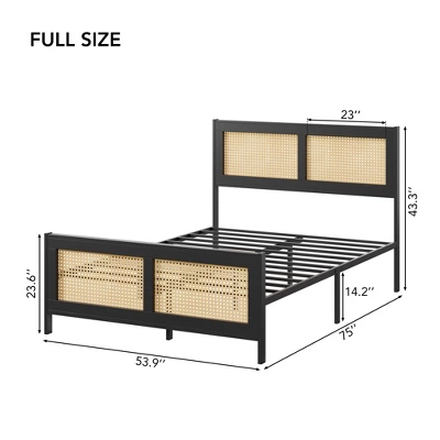 Rattan Bed Frame With Headboard, Boho Cane Platform Bed Frame With Strong Metal Slat,Black 2 Rattan Bed Frame With Headboard, Boho Cane Platform Bed Frame With Strong Metal Slat,Black - Image 2