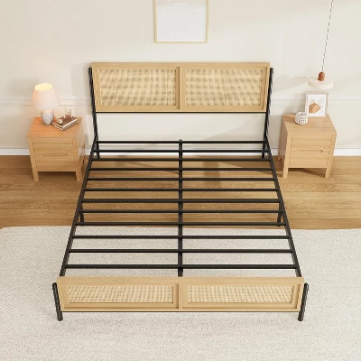 Boho Wooden Full/Queen/King Size Bed Frame With Natural Rattan Headboard And Footboard, No Box Spring Needed, Noise-Free Easy Assemble Metal Bedframe 5 Boho Wooden Full/Queen/King Size Bed Frame With Natural Rattan Headboard And Footboard, No Box Spring Needed, Noise-Free Easy Assemble Metal Bedframe - Image 5