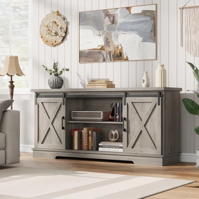 Farmhouse TV Stand Entertainment Center For 65" TVs With Sliding Barn Doors & Adjustable Shelf, Modern Media TV Console For Living Room 2 Farmhouse TV Stand Entertainment Center For 65" TVs With Sliding Barn Doors & Adjustable Shelf, Modern Media TV Console For Living Room - Image 2