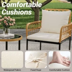 3 Piece Patio Bistro Set, Outdoor Wicker Apartment Balcony Furniture Sets, Rattan Table And Chairs Set Of 2, Beige -Garvee Sales GUEST 6bbff3eb d361 4561 8c42 69f7034406e4