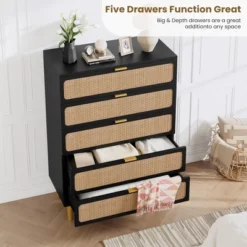 Garvee Rattan 5 Drawer Dresser For Bedroom, Tall Chest With Wide Top And Deep Storage Drawers For Living Room, Hallway, Kids Room -Garvee Sales GUEST 6bd0f61a f511 498e 8706 f16f3e49916d