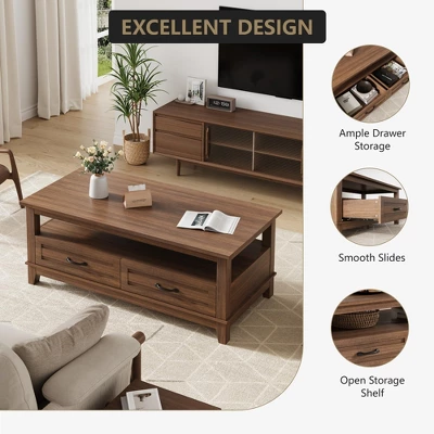 Farmhouse Coffee Table With Drawers, 47.2" Center Table Rustic Coffee Tables White Brown Living Room Table 3 Farmhouse Coffee Table With Drawers, 47.2" Center Table Rustic Coffee Tables White Brown Living Room Table - Image 3