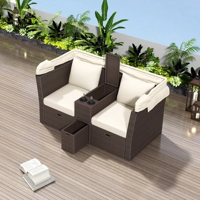Outdoor Daybed, Double Daybed With Retractable Sunshade Canopy, Built-in Cup Holders And Storage Boxes, 2 Pillows, 2-Seater Sofa For Garden 1 Outdoor Daybed, Double Daybed With Retractable Sunshade Canopy, Built-in Cup Holders And Storage Boxes, 2 Pillows, 2-Seater Sofa For Garden