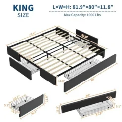 King Bed Frame With 3 Storage Drawers, Fabric Upholstered Platform Bed, Wooden Slats Support, Dark Grey