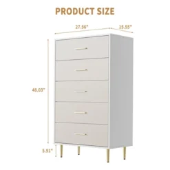 White 5 Drawer Dresser,Tall Narrow Chest Of Drawers,Wooden Skinny Dresser With Gold Metal Handles And Legs,Modern Storage Drawer Cabinet