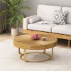 Center Tables, Modern Round Coffee Table Wooden Carving Pattern Coffee Table With Metal Legs For Living Room Reception Room Office