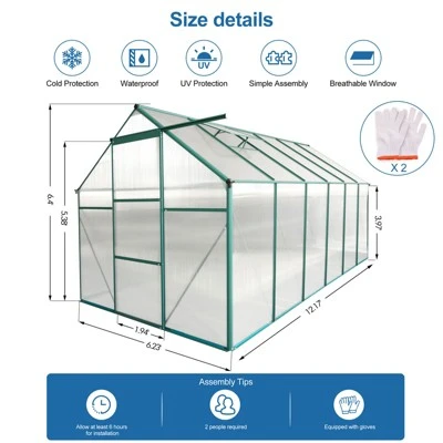 6x12FT Polycarbonate Greenhouse, Heavy Duty Aluminum Walk-in Greenhouses With Sliding Door & Raised Base, Plant Greenhouse For Outdoor Garden Backyard 2 6x12FT Polycarbonate Greenhouse, Heavy Duty Aluminum Walk-in Greenhouses With Sliding Door & Raised Base, Plant Greenhouse For Outdoor Garden Backyard - Image 2