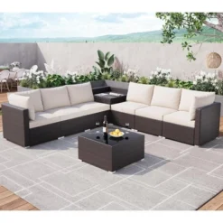 8 Pieces Outdoor Patio Furniture Set, Wicker Rattan Sectional With 4" Cushions, Glass Table & Hidden Storage Box, Brown 15 8 Pieces Outdoor Patio Furniture Set, Wicker Rattan Sectional With 4" Cushions, Glass Table & Hidden Storage Box, Brown -Garvee Sales GUEST 6cbb8909 0c3d 40bf b9cc 9d6e1727e909