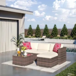 Garvee 5 Pieces Patio Furniture Set - Rattan Outdoor Sofa Set With Cushions, Wicker Sectional With Glass Coffee Table & Ottoman -Garvee Sales GUEST 6ce4a625 abeb 46a2 b5de 6a2c82a22099