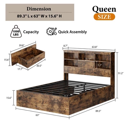 Storage Wooden Bed Frame With Bookcase Headboard And 4 Large Drawers 2 Storage Wooden Bed Frame With Bookcase Headboard And 4 Large Drawers - Image 2