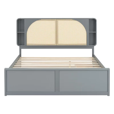 Queen Size Bed Frame With Trundle, Wood Platform Bed With Rattan Headboard & 2 Drawers, Wooden Slats Support, No Box Spring Required 6 Queen Size Bed Frame With Trundle, Wood Platform Bed With Rattan Headboard & 2 Drawers, Wooden Slats Support, No Box Spring Required - Image 6