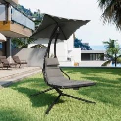 Chaise Lounger Swing Chair With Umbrella Canopy, Patio Hanging Chaise Lounger Chair With Stand, Curved Steel Outdoor Lounge Chairs For Indoor, Outdoor
