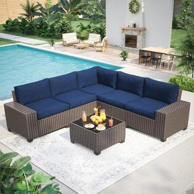 6-Piece All-Weather Sectional Patio Sofa Set, Rattan Wicker Couch Set With Glass Coffee Table For Backyard, Garden, Or Balcony 8 6-Piece All-Weather Sectional Patio Sofa Set, Rattan Wicker Couch Set With Glass Coffee Table For Backyard, Garden, Or Balcony - Image 8