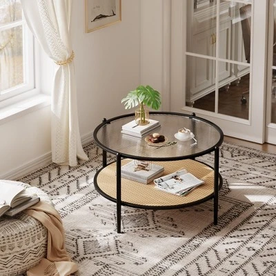 30" Rattan Coffee Table, 2-Tier Round End Table With Storage, Round Water-Wave Glass Metal Center Tables 6 30" Rattan Coffee Table, 2-Tier Round End Table With Storage, Round Water-Wave Glass Metal Center Tables - Image 6