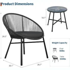 3 Pieces Outdoor Acapulco Chair Patio Bistro Set With Glass Top Table, Modern Patio Conversation Chairs Set Of 2 For Balcony, Garden, Backyard