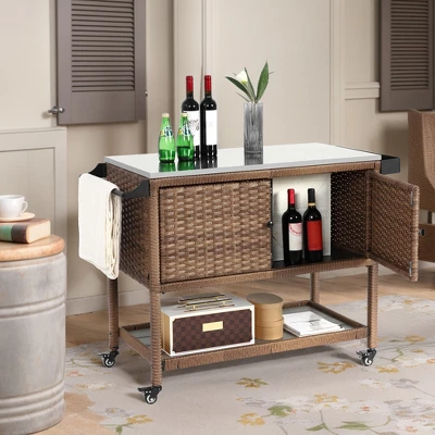 Outdoor Wicker Bar Cart, Patio Wine Serving Cart With Stainless Steel Top, Beverage Bar Prep Table With Storage & Wheel For Backyard Poolside Brown 7 Outdoor Wicker Bar Cart, Patio Wine Serving Cart With Stainless Steel Top, Beverage Bar Prep Table With Storage & Wheel For Backyard Poolside Brown - Image 7