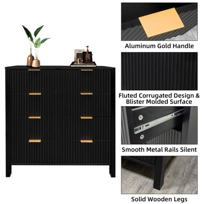 Fluted 4-Drawer Dresser, 30 Inch Large Modern Bedroom Closet Chest Of Drawers With Gold Handles 4 Fluted 4-Drawer Dresser, 30 Inch Large Modern Bedroom Closet Chest Of Drawers With Gold Handles - Image 4