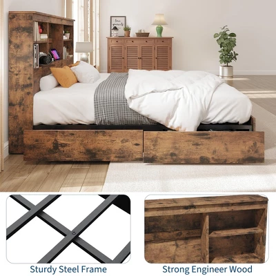 Bed Frame With High Storage Bookcase Headboard, Wood Bed Frame With 4 Storage Drawers, Built In Charging Station,No Box Spring Needed, Metal Frame 8 Bed Frame With High Storage Bookcase Headboard, Wood Bed Frame With 4 Storage Drawers, Built In Charging Station,No Box Spring Needed, Metal Frame - Image 8