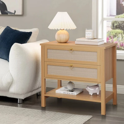 Rattan Night Stand Set Of 2, Boho Nightstand With 2 Drawers And Storage Shelf, Modern Farmhouse Nightstand, Side Tables For Living Room, Bedroom 1 Rattan Night Stand Set Of 2, Boho Nightstand With 2 Drawers And Storage Shelf, Modern Farmhouse Nightstand, Side Tables For Living Room, Bedroom