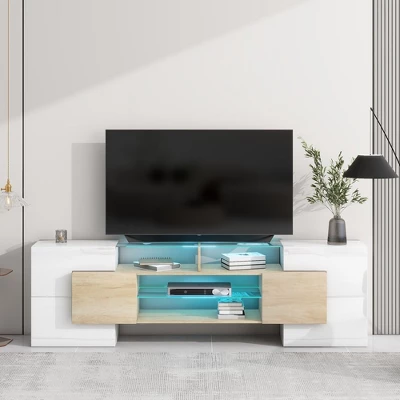 80" Modern TV Stand, Entertainment Center With 2 Illuminated Glass Shelves TV Cabinet For Living Room 7 80" Modern TV Stand, Entertainment Center With 2 Illuminated Glass Shelves TV Cabinet For Living Room - Image 7