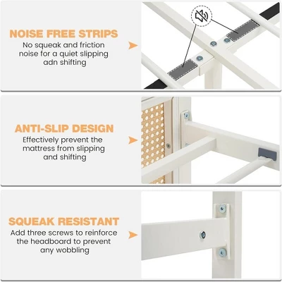 Whizmax Rattan Bed Frame With Led Light Headboard, Bohemian Style Cane Boho Bed Frames With Heavy Duty Steel Slat Support, No Box Spring Needed, White 6 Whizmax Rattan Bed Frame With Led Light Headboard, Bohemian Style Cane Boho Bed Frames With Heavy Duty Steel Slat Support, No Box Spring Needed, White - Image 6