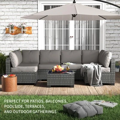 7 Piece Patio Furniture Set - PE Rattan Wicker Sectional Sofa With Cushions & Glass Coffee Table For Garden, Balcony, Porch, Backyard 3 7 Piece Patio Furniture Set - PE Rattan Wicker Sectional Sofa With Cushions & Glass Coffee Table For Garden, Balcony, Porch, Backyard - Image 3