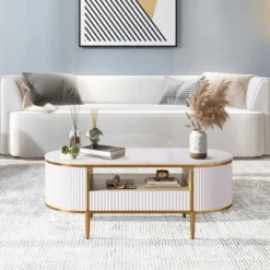 Modern Luxury Fluted Coffee Table, 48" Coffee Table With Storage Drawer, Oval Coffee Table With Golden Legs, Faux Marble Top -Garvee Sales GUEST 7136a316 0ea6 4f98 b081 b55a0361b03b