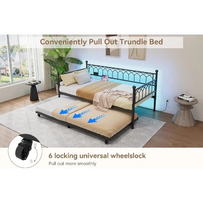 Twin Size Daybed With Pop-Up Trundle & LED Lights, Pull Out Bed With Charging Station And Pull Out Turundle, Metal Sofa Bed Frame For Living Room 5 Twin Size Daybed With Pop-Up Trundle & LED Lights, Pull Out Bed With Charging Station And Pull Out Turundle, Metal Sofa Bed Frame For Living Room - Image 5