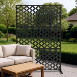 Metal Privacy Screen Outdoor 71"x47", Freestanding Decorative Privacy Fence Panel For Patio, Balcony, Deck, Garden, Indoor, Black Traditional
