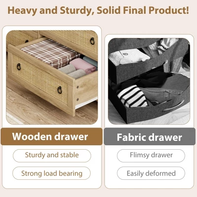 Freestanding Rattan Cabinet Dresser With Anti-Tip Design And Storage Drawer, Wooden Closet Dressers Chest For Bedroom, Living Room, Natural Wood 5 Freestanding Rattan Cabinet Dresser With Anti-Tip Design And Storage Drawer, Wooden Closet Dressers Chest For Bedroom, Living Room, Natural Wood - Image 5
