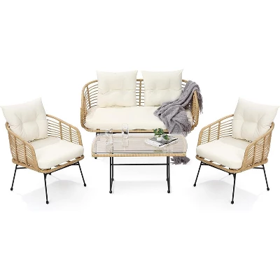 4-Piece Outdoor Patio Furniture Set With Boho Rope Wicker Sofa, Loveseat & Glass Table, All-Weather Couch For Garden, Backyard, Porch 2 4-Piece Outdoor Patio Furniture Set With Boho Rope Wicker Sofa, Loveseat & Glass Table, All-Weather Couch For Garden, Backyard, Porch - Image 2