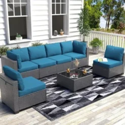 7-Piece Outdoor Patio Furniture Set With Glass Top Coffee Table, PE Rattan Wicker Sectional Modular Conversation Sofa Set W/ Cushions For Patio 23 7-Piece Outdoor Patio Furniture Set With Glass Top Coffee Table, PE Rattan Wicker Sectional Modular Conversation Sofa Set W/ Cushions For Patio -Garvee Sales GUEST 721bad4a 4e76 4e72 9055 4dd41737b449