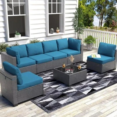 7-Piece Outdoor Patio Furniture Set With Glass Top Coffee Table, PE Rattan Wicker Sectional Modular Conversation Sofa Set W/ Cushions For Patio 12 7-Piece Outdoor Patio Furniture Set With Glass Top Coffee Table, PE Rattan Wicker Sectional Modular Conversation Sofa Set W/ Cushions For Patio - Image 12