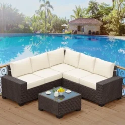 6 Pieces Outdoor Patio Furniture Set, Wicker Furniture Set, Patio Sectional Furniture Set With 5 Seat Cushions And 1 Glass Coffee Table